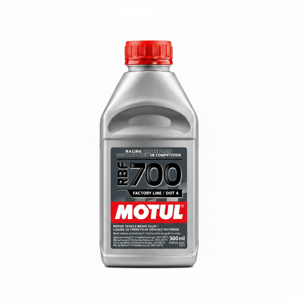 A 500ml bottle of MOTUL REF 700 Racing Brake Fluid, featuring a metallic silver body, a red cap, and a black and red label, set against a solid black background.