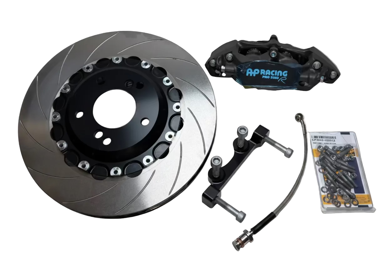 Brake disc, caliper, hardware, and cable on a transparent background